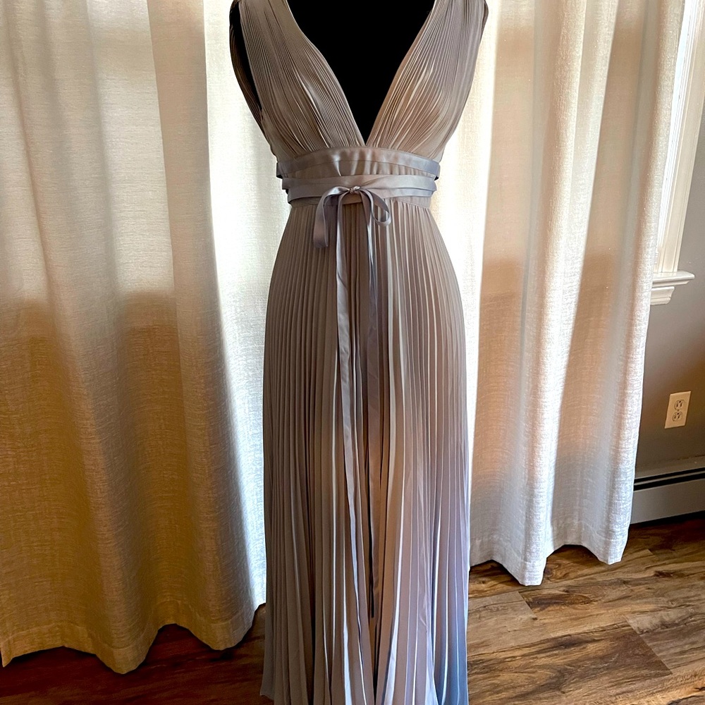 Pale dusty blue ASOS bridesmaid collection long pleated drop v gown